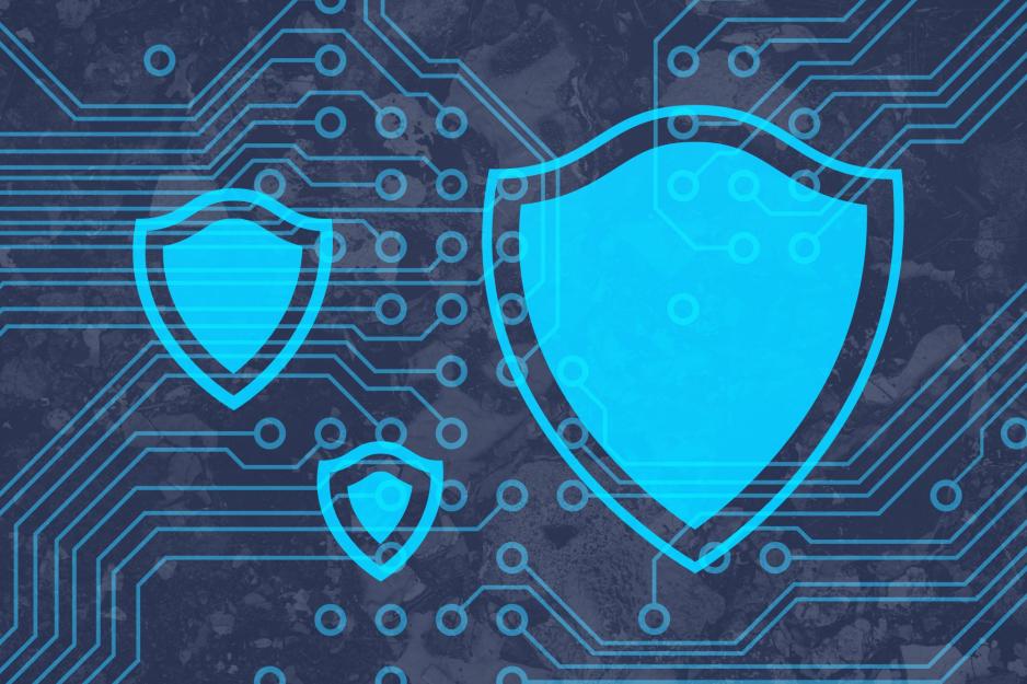 Illustration of security badge icon and lines and circles