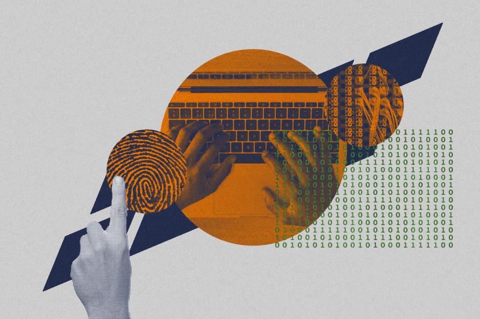 Illustration of a finger print, person typing on a laptop, and 0's and 1's
