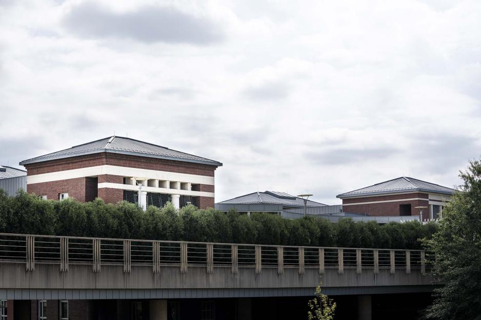 Bridge with trees blocking the view of brick buildings