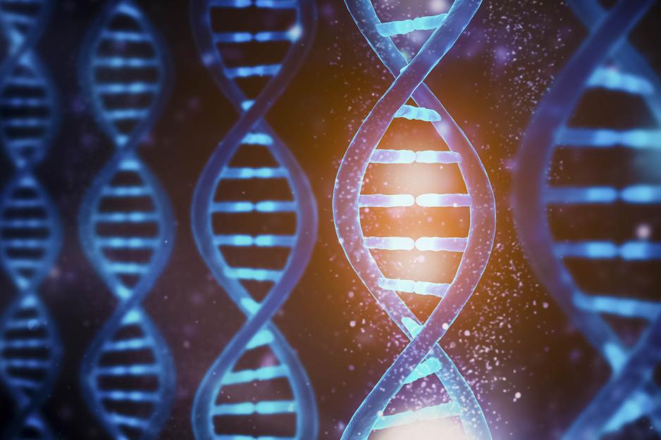 DNA helixes with yellow speckles