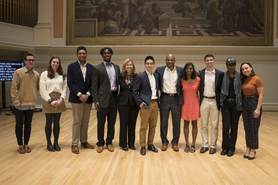 Group photo from left: Kim Acquaviva, Eleanor Thompson, Ja’Mel Reed, Micah Harris, Liz Magill, Jason Kim, Paul Harris, Krithika Arrabothu, Zachary Phillips, Kathy McGruder and Kayla Dunn
