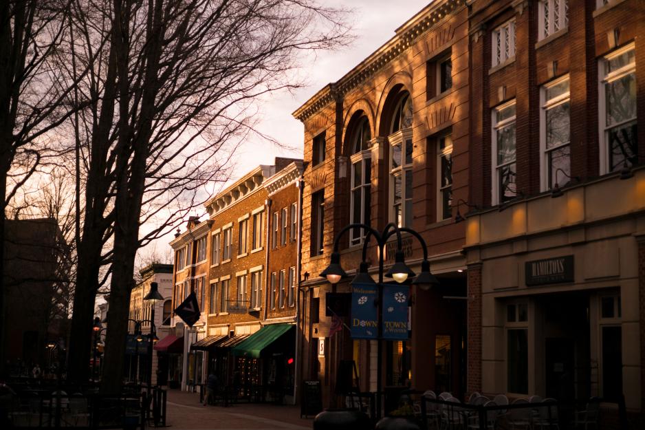 Brick buildings on the downtown mall at sunset
