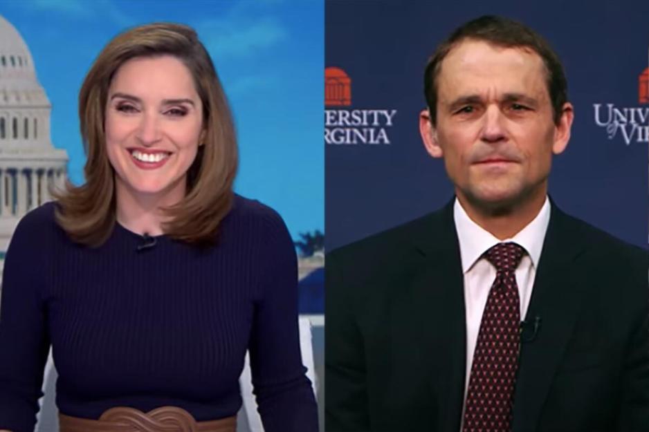 President Jim Ryan, right, talks to Margaret Brennan, left, on Face the Nation