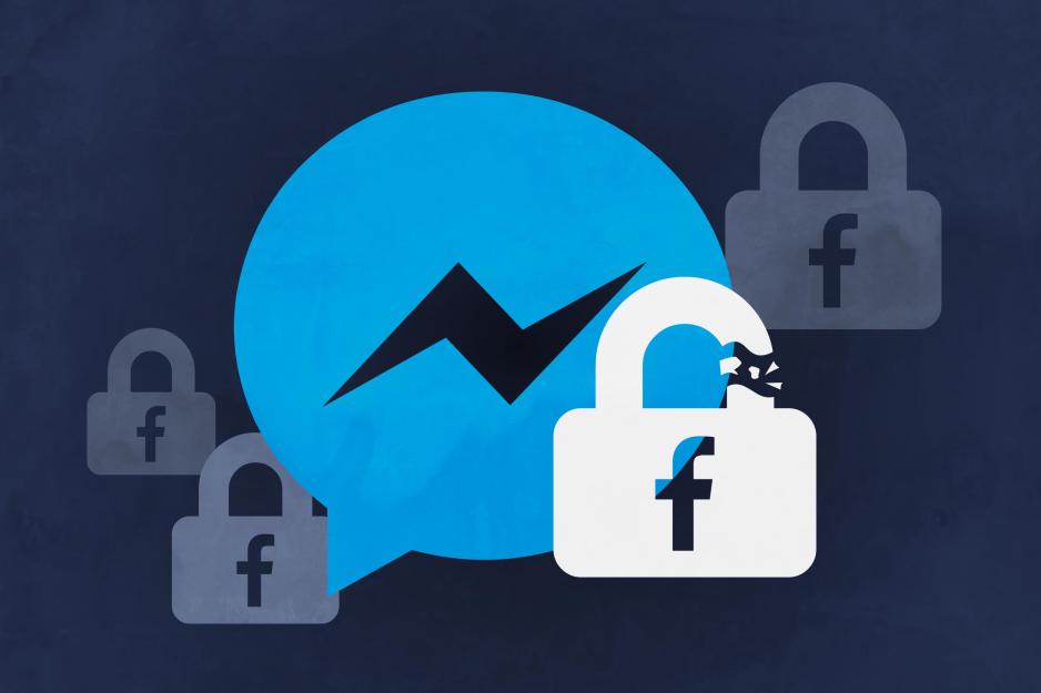 Facebook messenger icon with Locks that have an f on them.  One Lock is white and is broken