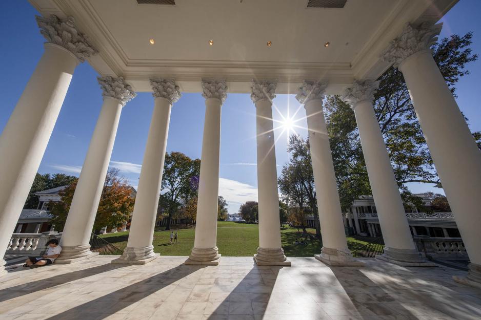 Looking down the lawn through the Rotunda Columns