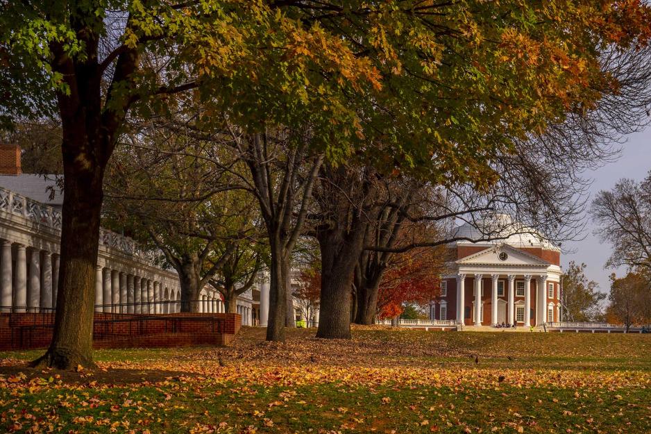 View of the Rotunda with red, orange, and yellow leaves on the Lawn 