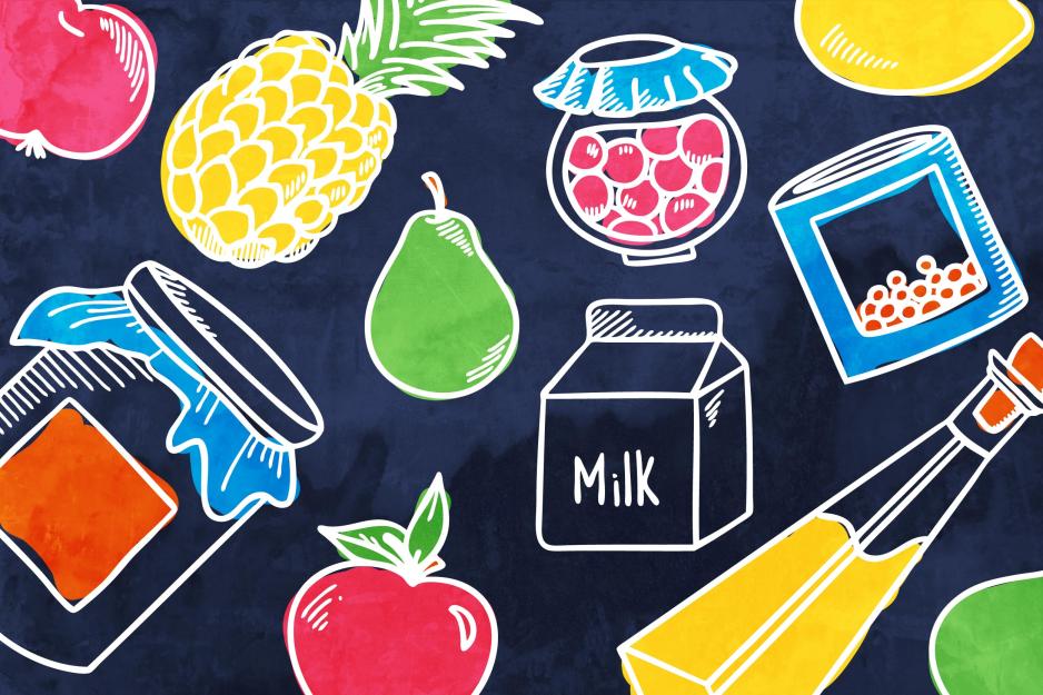 Illustration of different food items such as tomatoes, pears, pineapple, milk, lemons