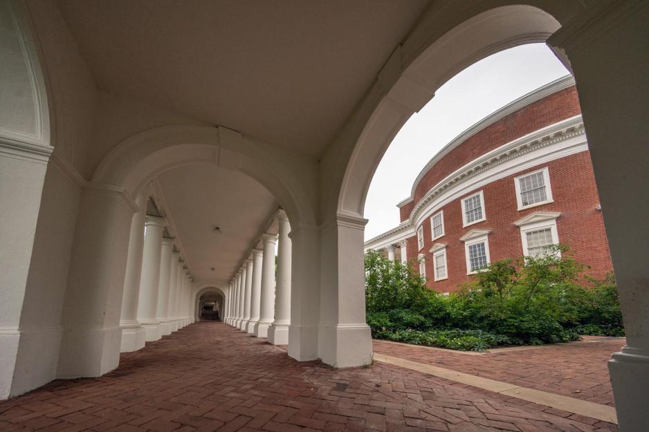 Sidewalks on next to the Rotunda lined with white columns