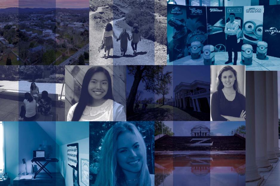 Collage of headshots, buildings, and people