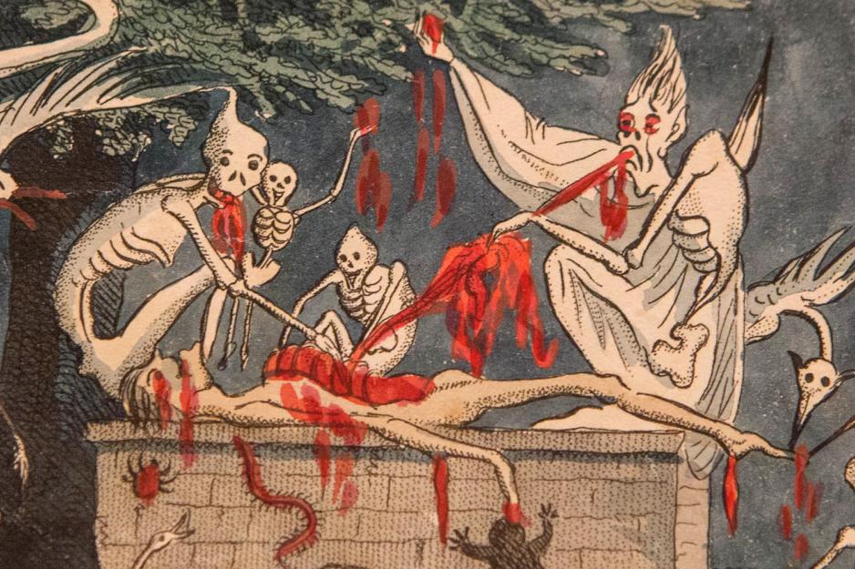 Illustration of demons killing a person on an alter