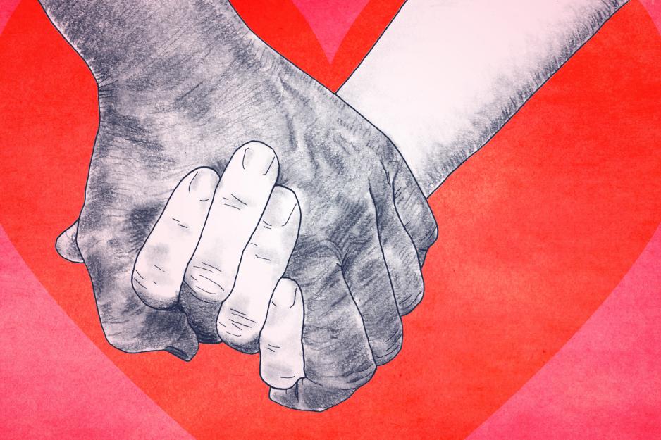 Illustration of White hand holding a Black hand