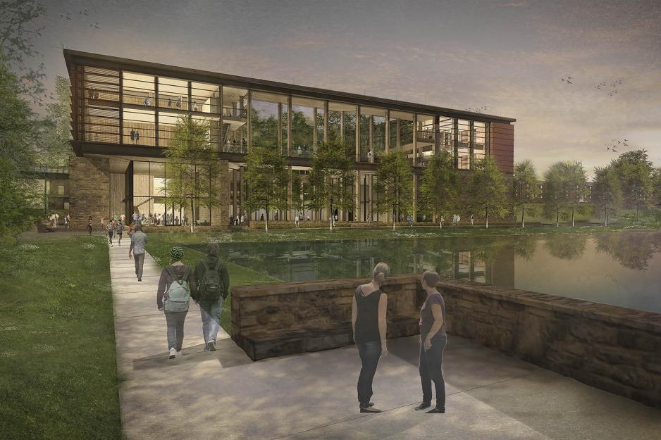 Digital drawing of the new CSC Building with students walking outside on the sidewalks