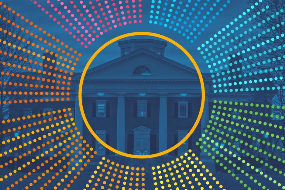 Darden building with an overlay of rainbow dots in a circle pattern