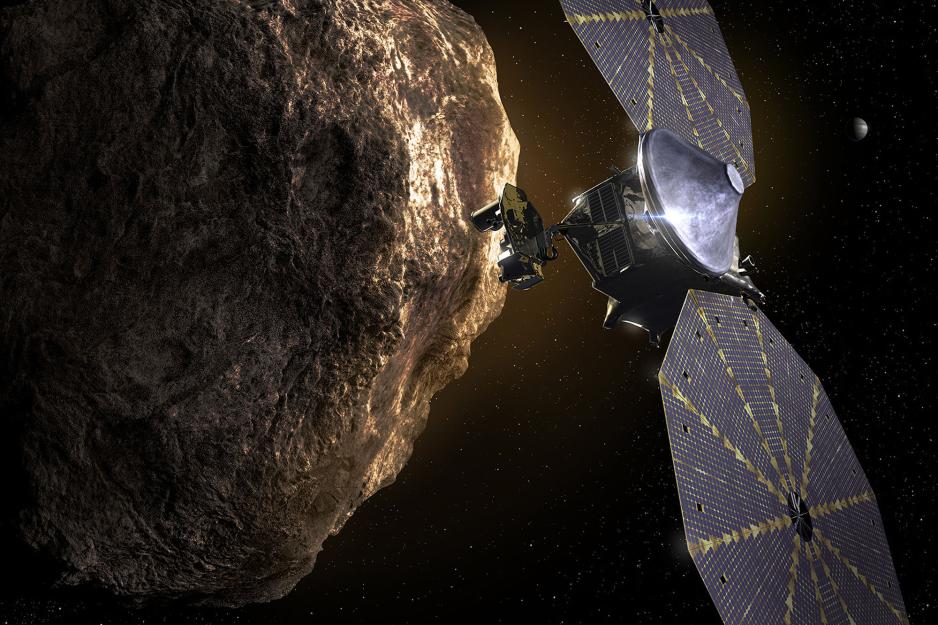 The Lucy spacecraft in space with two circular solar arrays