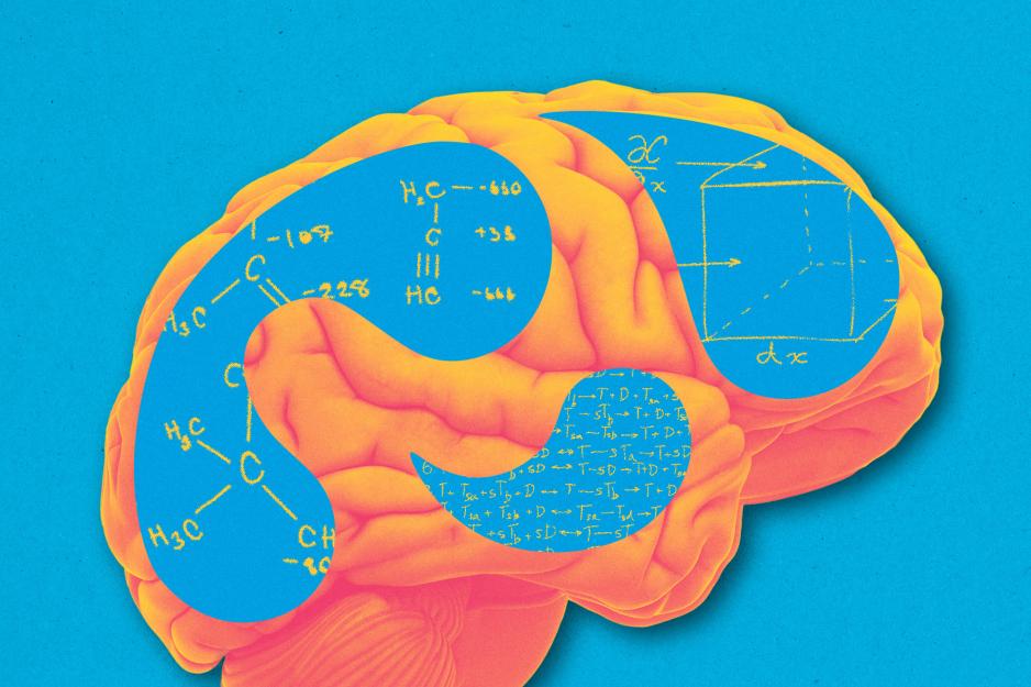 illustration of a child's brain filled with chemistry and mathematical equations