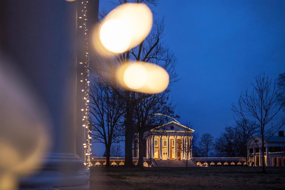 Rotunda and the Lawn lit up with Holiday lightd