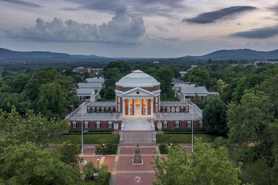 Arial view of the Rotunda with dark grey clouds in the sky