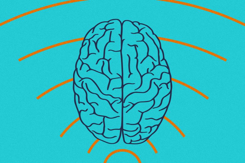 illustration of a brain with wifi signal behind it on a blue background