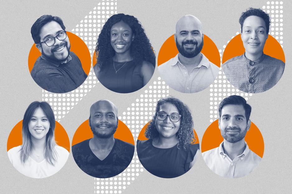 Headshots: top row, from left: Mauricio Acuña, Abunya Agi, Ernesto Benitez, Kat Cosby; bottom row: Janet Kong-Chow, Ryan Richards, Alexa Rodríguez, Sid Issar
