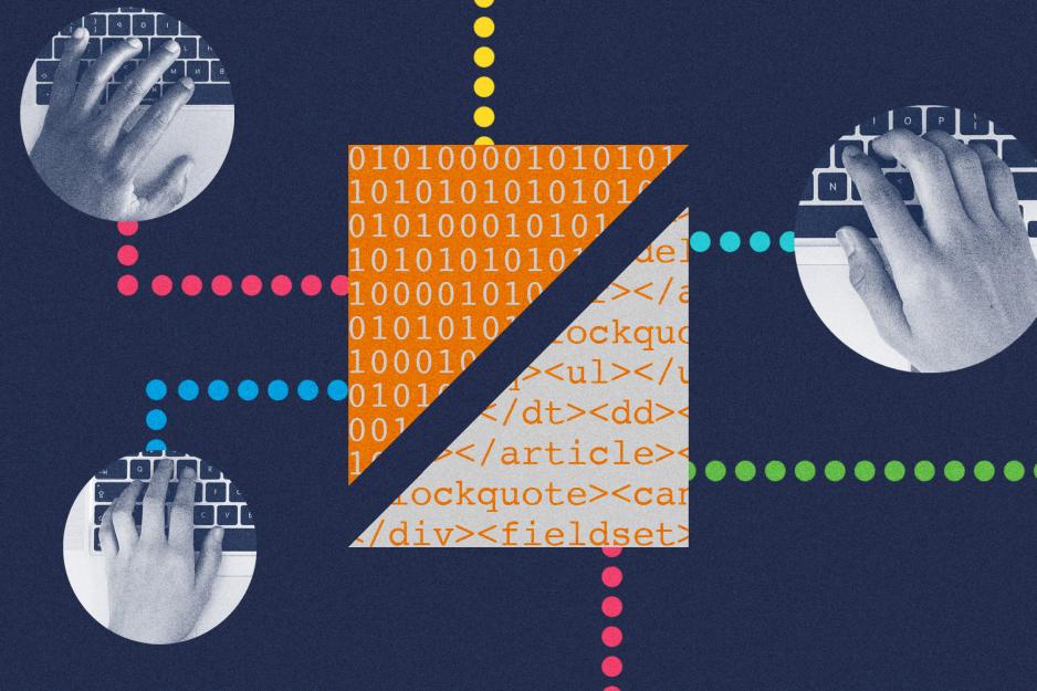 Illustration  with three circles with a hand on the keyboard and two triangles in the middle of the image.  Top triangle has 1's and 0's the bottom triangle has html code