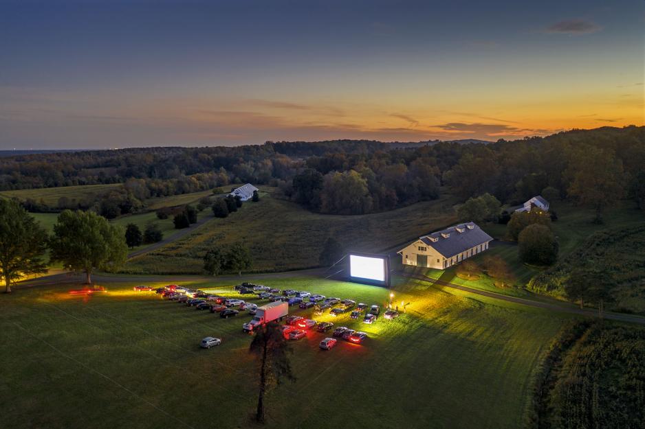Arial view of a cars in a drive-in theater 