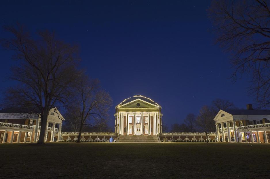 Rotunda lit up by lights at dusk