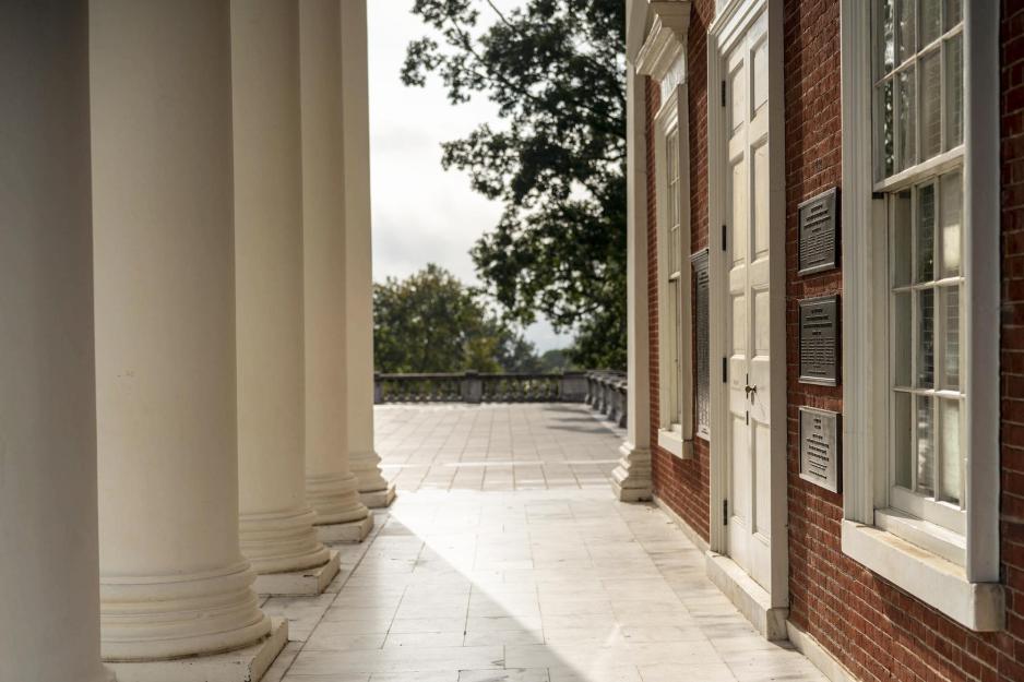 View of the sidewalk and White columns of the Rotunda