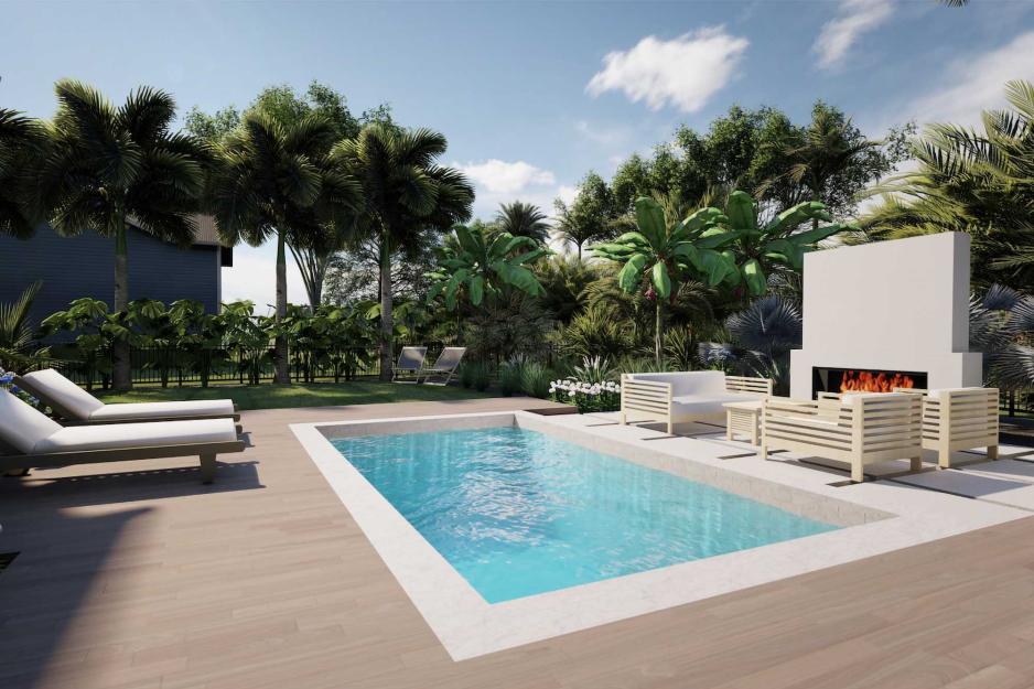 pool chairs next to a rectangle pool surrounded by palm trees and a fire place