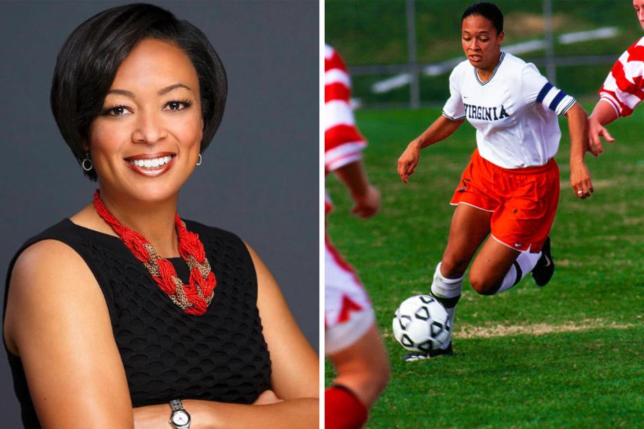 Left: Angela Hucles Mangano headshot Right: Angela Hucles Mangano playing soccer during a game at UVA