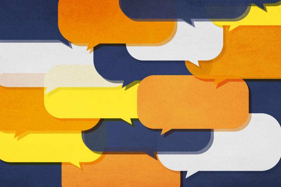 overlapping empty comment bubbles in blue, orange, yellow, and white colors
