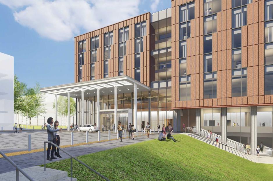 Digital drawing of new UVA hotel and Conference center.  6 story brick and glass building with a 2 story overhang for dropoff