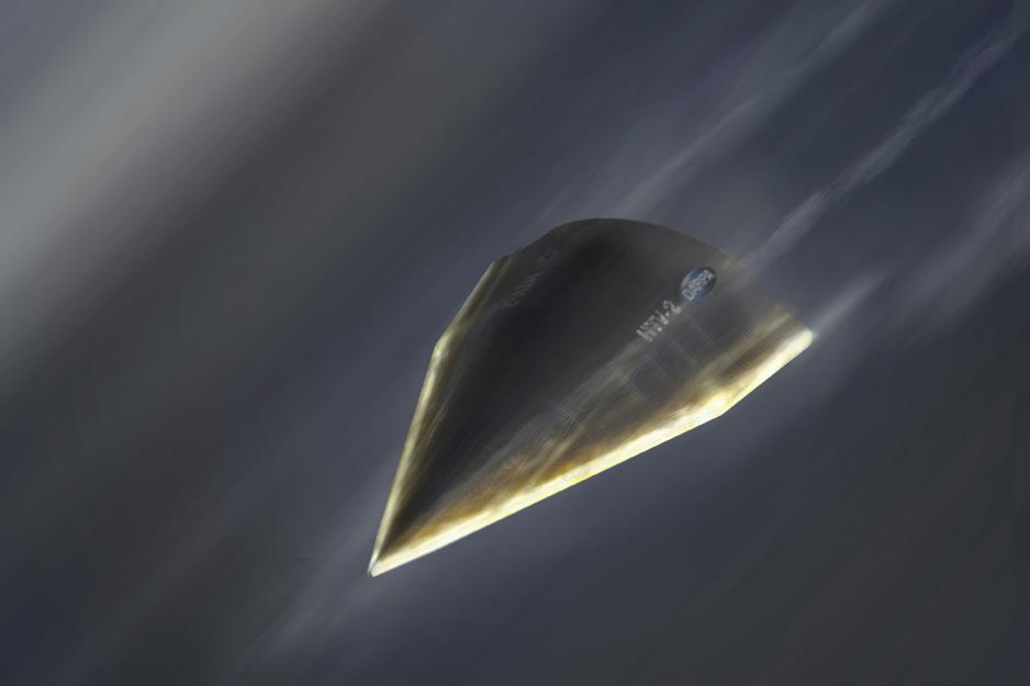 Illustration of the Hypersonic Technology Vehicle 2 as it renters the atmosphere.  there is a bullet shaped object with bright white outlines with a blurred background
