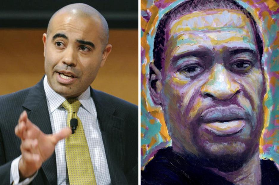 Left:Ian Solomon talking Right: painting of George Floyd