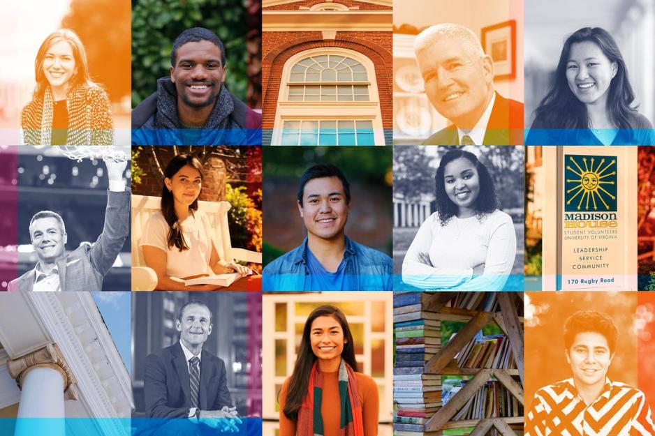 Collage of headshots and various locations on grounds