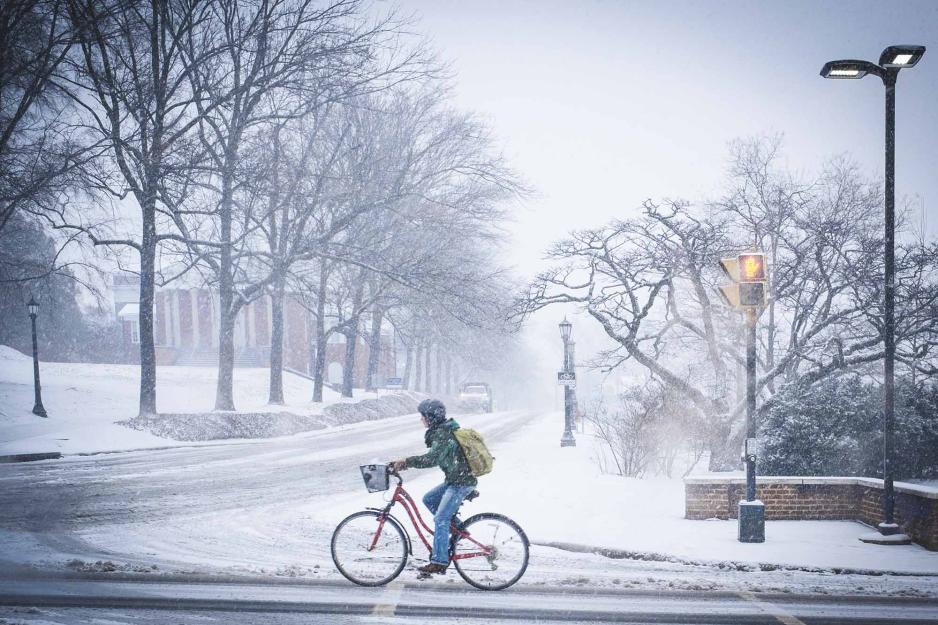 Student riding back in the snow