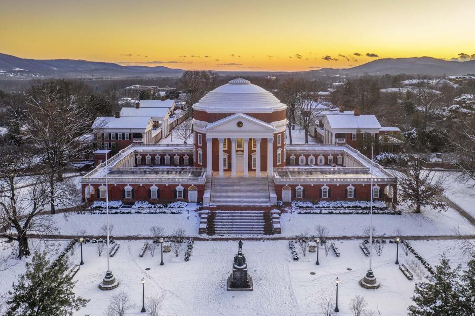 Arial view of the Rotunda in the snow