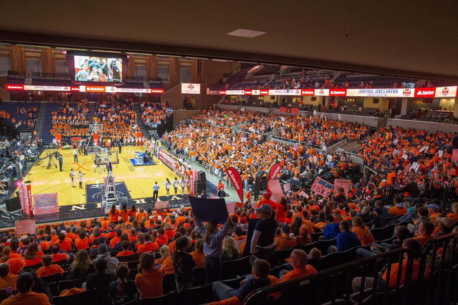 UVA fans cheering during a basketball game at John Paul Jones arena