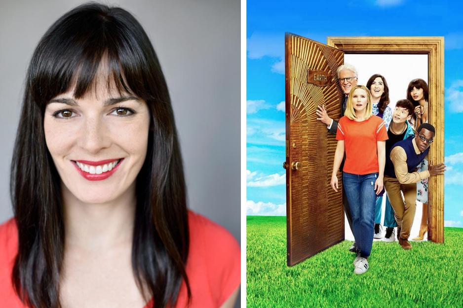 headshot Kassia Miller, left  and right: characters in the show The Good Place walking through a door into a grassy field with shocked expressions