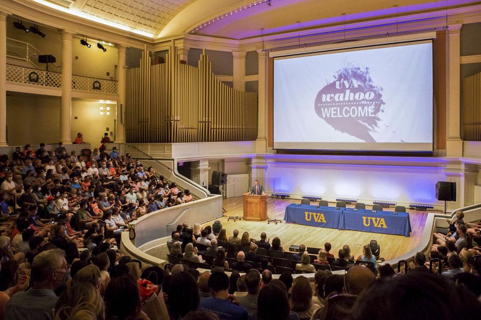 President Jim Ryan stands at a podium giving a speech to the class of 2025