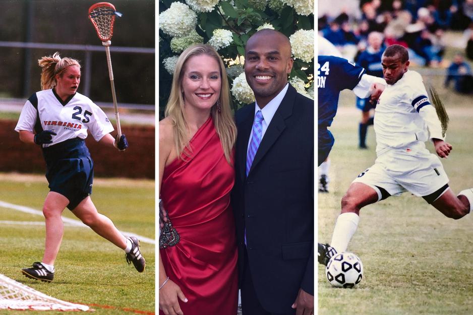 Left: Courtney Leonard playing lacrosse during a UVA game Middle: Marshal and Leonard posing together for a picture right: Marshall playing soccer during a UVA game