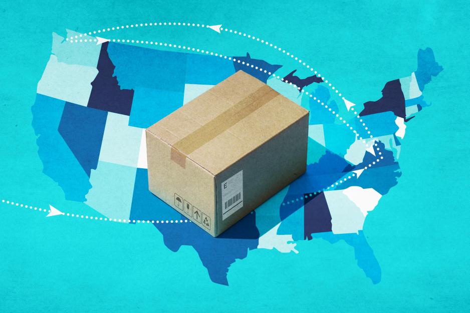 Illustration of the United states in various blues and a big brown box sat in the middle with dotted lines and arrows going to and from Virginia