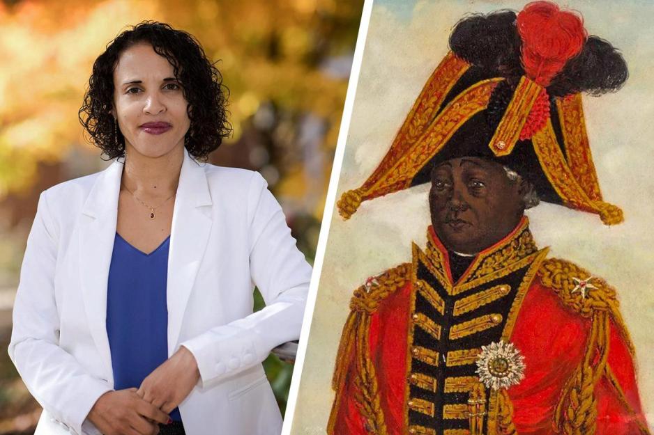 Left: Marlene Daut headshot. Right: Painting of Henry Christophe in a red military outfit