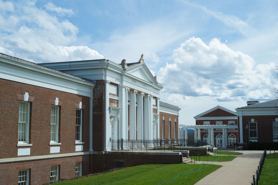 Rouss Hall entrance on a cloudy but bright day