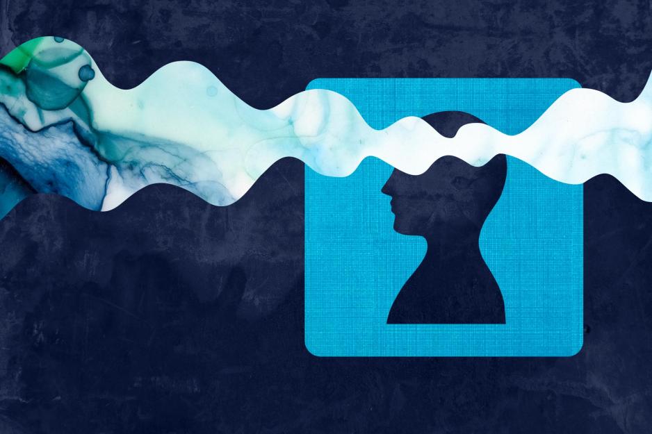 Illustration of a blue box with a human profile head on it with multicolored blue wave going over top