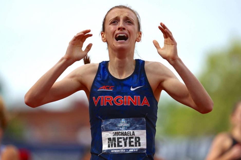 Michaela Meyer at the finish line realizing she won