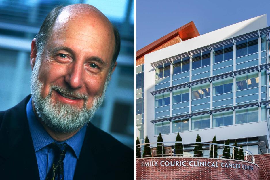 Weber’s headshot left, Outside view of the Emily Couric Clinical Cancer Center, right