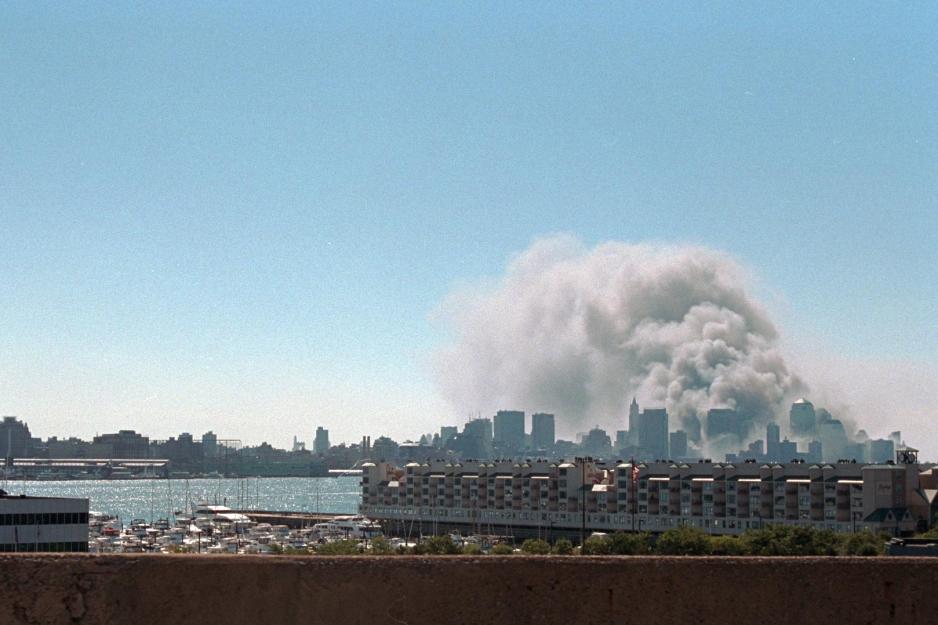 New York City  from a distance as smoke fills the air