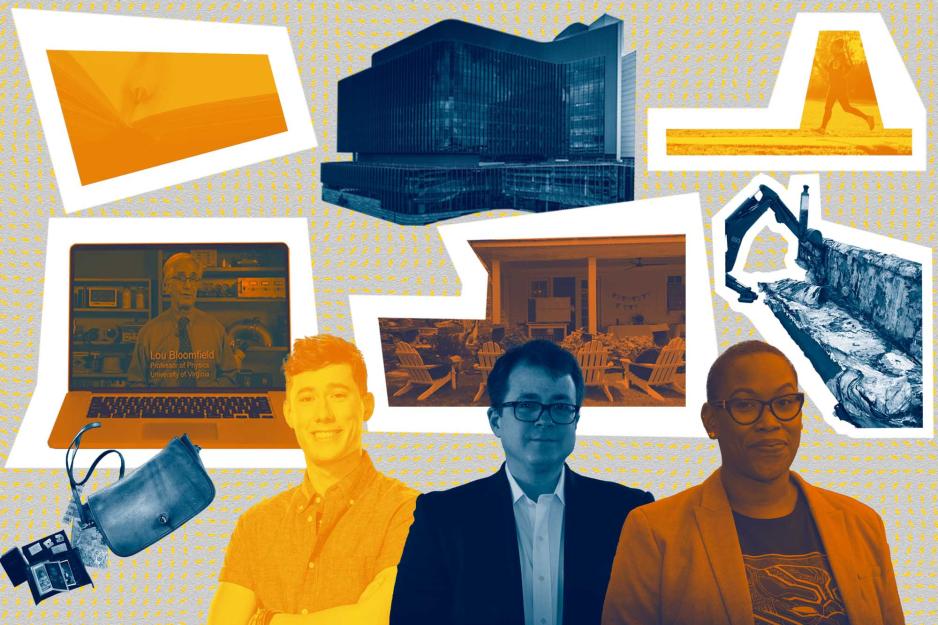 Collage of images from buildings, headshots, and computers