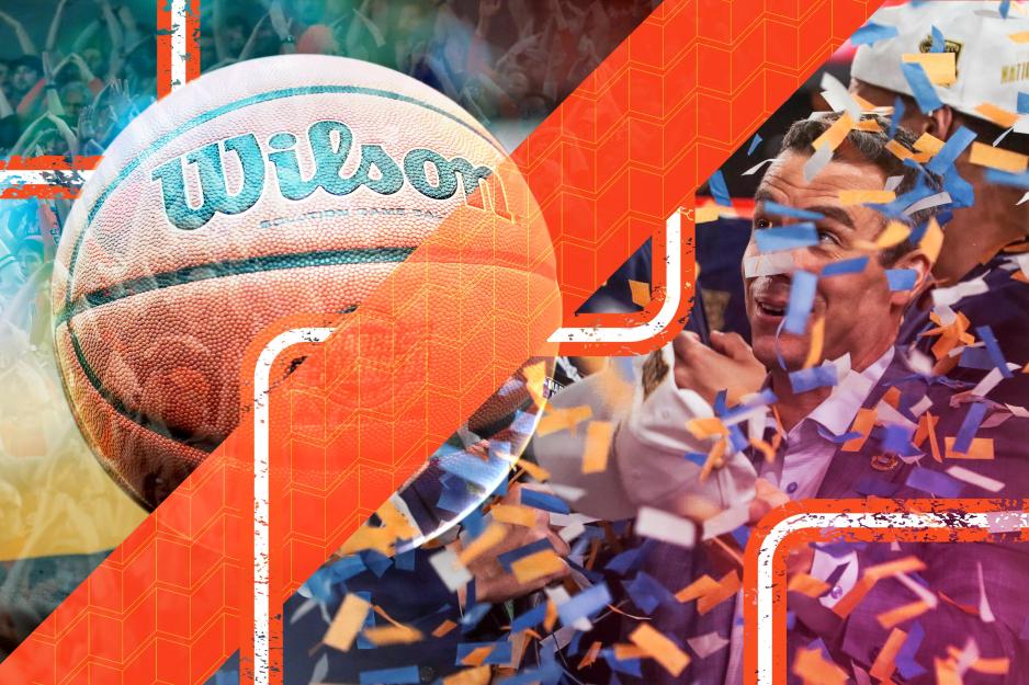 Collage of confetti, basketball, and Tony Bennett