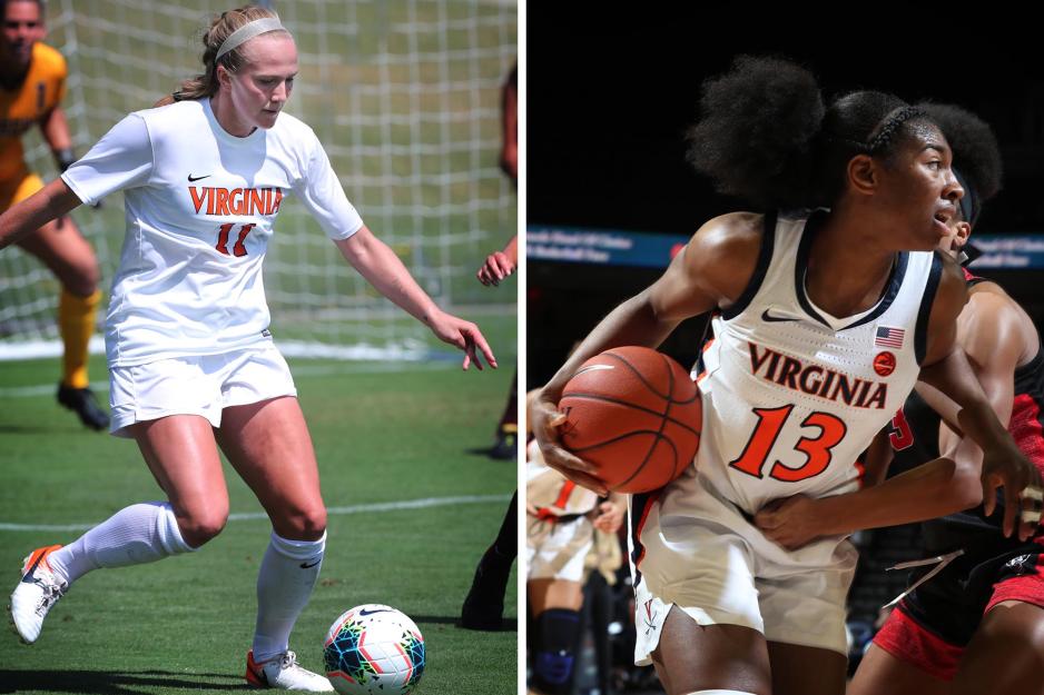 Zoe Morse, left, playing soccer during a UVA game and Jocelyn Willoughby, right, playing basketball during a game